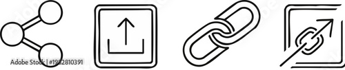 Minimalist line icons for web sharing and connectivity, set of 4 vector symbols including share, upload, link, and external redirect icons