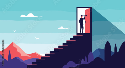 Silhouette of a businessman using a telescope from an open door at the top of a long staircase overlooking a colorful landscape.