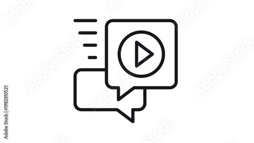 Video message vector icon illustration. Minimalist black line art symbol of speech bubbles with a play button inside, representing video chat, multimedia communication, and fast messaging.