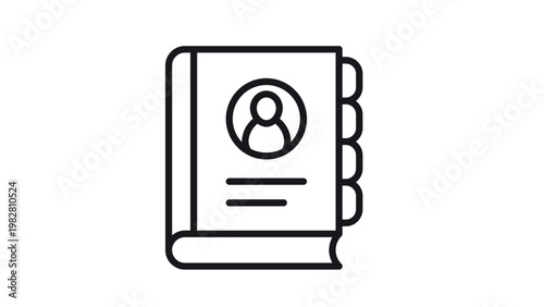 Minimalist black line art address book vector icon illustration with a person silhouette profile on the cover and side index tabs, ideal for contact management, directory, and organizer design.
