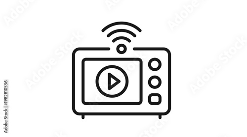 Smart TV vector icon with wireless signal and play button symbol, representing online video streaming, digital media, and internet television technology in a minimalist black line art style.