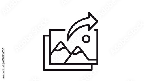 Photo sharing vector icon, minimalist black line illustration of stacked picture frames with a curved export arrow, scalable graphic symbol for media upload and social networking apps.