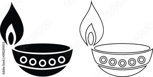 Diya lamp icon set collection group, traditional oil light, candle flame, festival diya, decorative lamp symbols in black flat and line style vector, celebration lighting icons pack