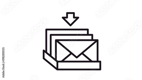 Canvas Print Minimalist black line vector icon illustration of an inbox tray with envelopes and a downward arrow, symbolizing incoming mail, message reception, email communication, and digital organization