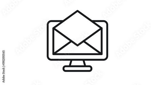 Minimalist black vector icon illustration of a computer monitor with an envelope symbol on the screen, representing email communication, digital messaging, and online correspondence.