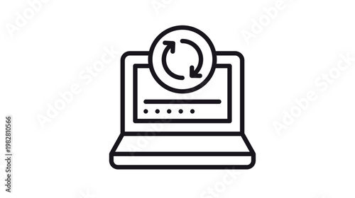 Laptop computer with refresh and sync circular arrows icon vector illustration, software update or system reboot process symbol, minimalist black outline graphic for web and app design.