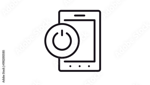 Minimalist black line vector icon of a smartphone with a power button symbol, illustrating mobile device shutdown, restart, or energy management. Scalable technology graphic on white background.