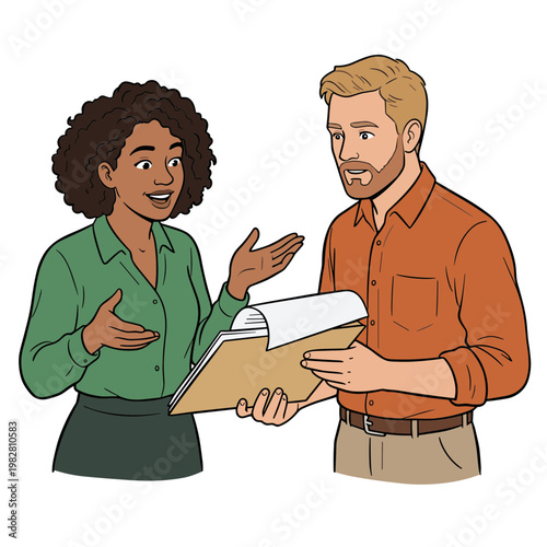A woman and man are discussing documents in a meeting.