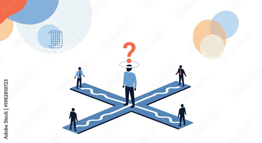 Fototapeta premium Silhouette of a man at a crossroad with a question mark over his head while four other figures stand at the path ends.
