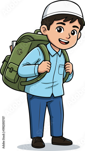 Muslim Boy Cartoon Character with Backpack Wearing Kufi Ready for School and Learning