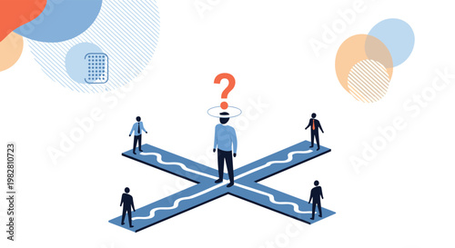 Silhouette of a man at a crossroad with a question mark over his head while four other figures stand at the path ends.