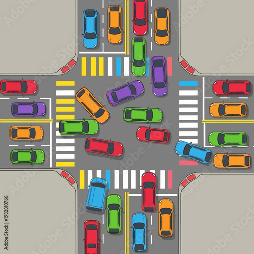Traffic jam at intersection, cars stuck in gridlock, urban congestion, city street chaos