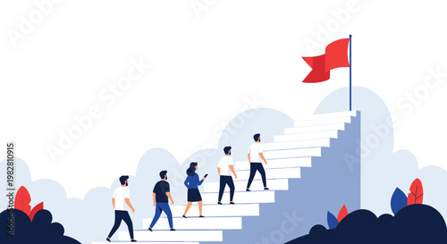 Diverse group of ambitious people climbing a white staircase towards a large red flag representing success and ultimate victory.