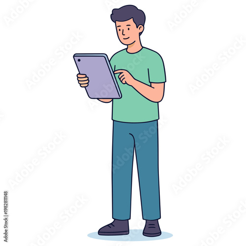 Man standing and holding a tablet in hand with a happy face
