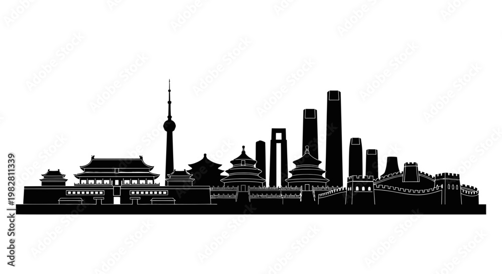 Obraz premium Beijing Skyline Silhouette: Forbidden City, CCTV Tower, Great Wall