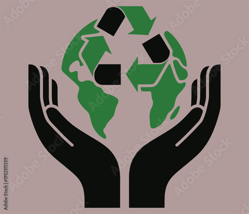 Hands holding a globe with recycling symbols representing environmental care