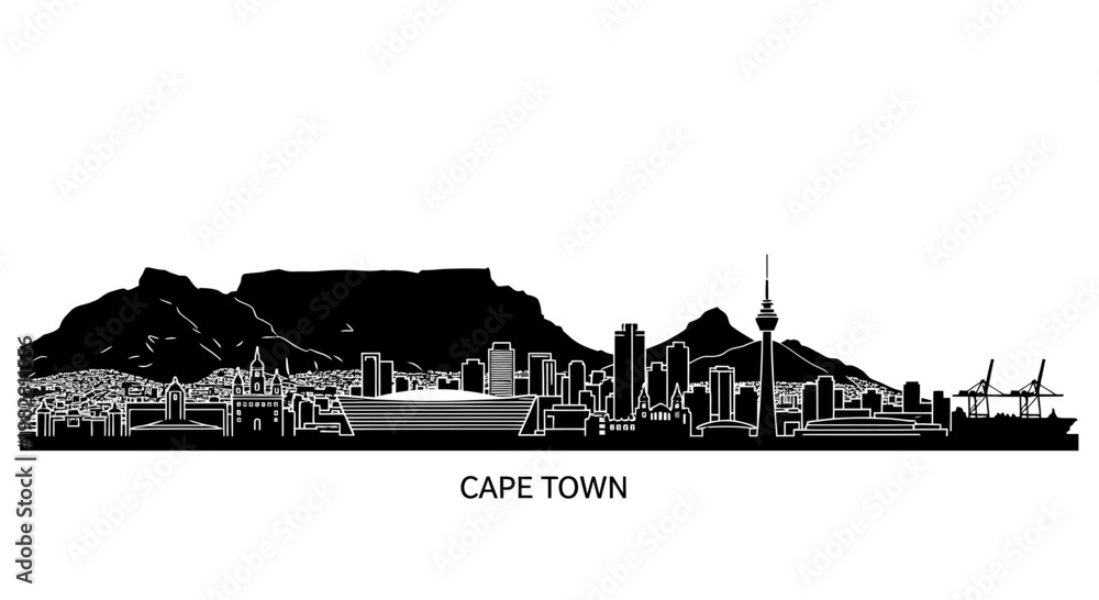 Fototapeta premium Cape Town Skyline Silhouette - Table Mountain and Cityscape