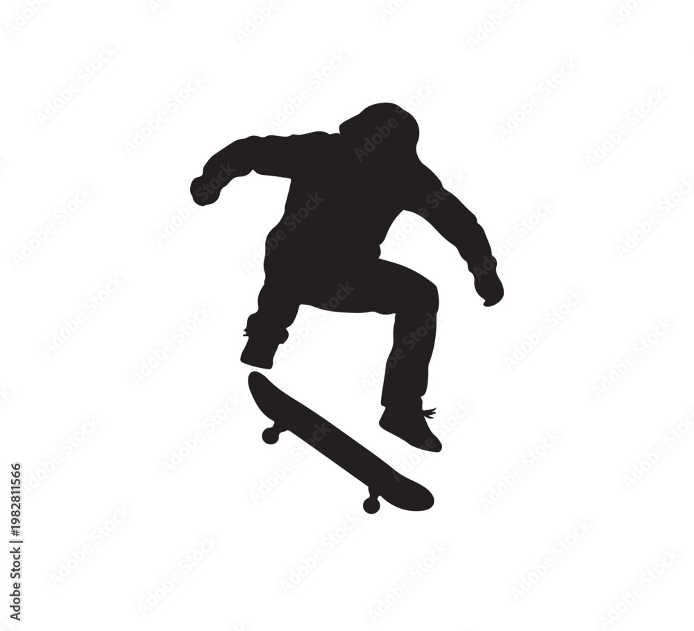 Fototapeta premium Silhouette of a person performing a skateboard trick, mid-air with the board, embodying extreme sports and youthful rebellion in a dynamic urban context