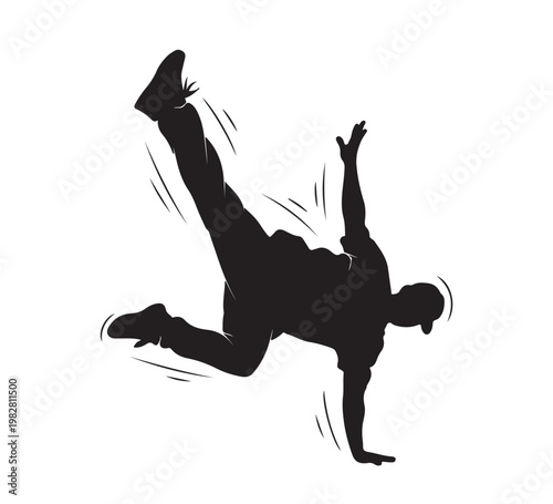 Silhouette of a dynamic breakdancer captured in mid-air, showcasing incredible agility and athletic prowess during a street dance performance
