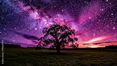 A lone tree stands tall in a vast, golden field under a vibrant purple and pink sunset