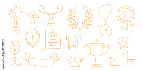 Hand drawn gold trophy and award achievement icon set. Creative doodle collection of medals, wreaths, and podium symbols for success and victory. Vector Illustration.