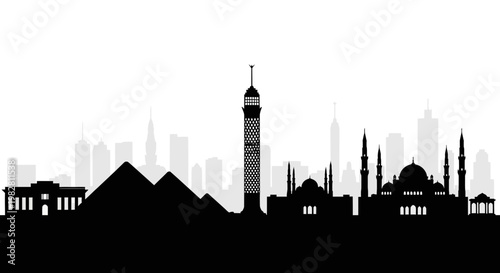 Cairo Skyline Silhouette: Pyramids, Mosque, and modern buildings