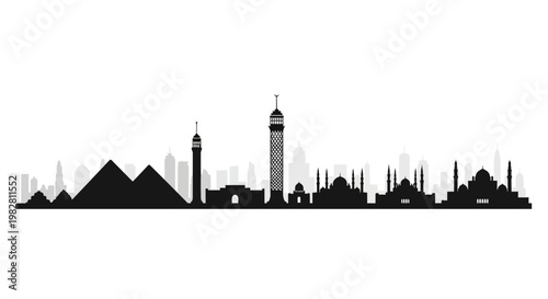 Cairo skyline silhouette with pyramids and modern buildings