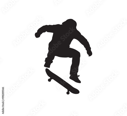 Silhouette of a person performing a skateboard trick, mid-air with the board, embodying extreme sports and youthful rebellion in a dynamic urban context