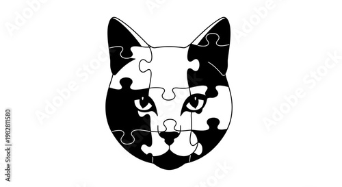 Cat Face Puzzle Pieces Black and White Illustration