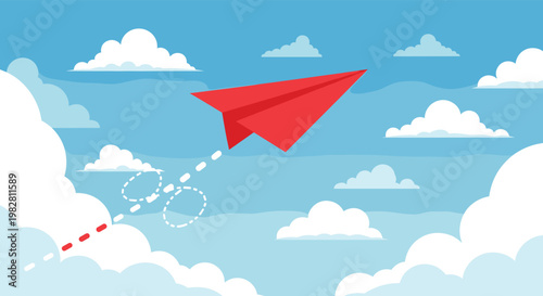 Red paper airplane flies through a beautiful blue sky with white clouds while leaving a dotted trail of its successful journey.