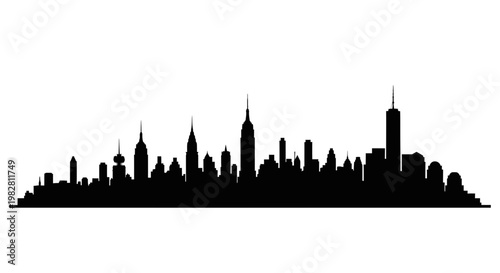 Cityscape silhouette, iconic skyline against white background