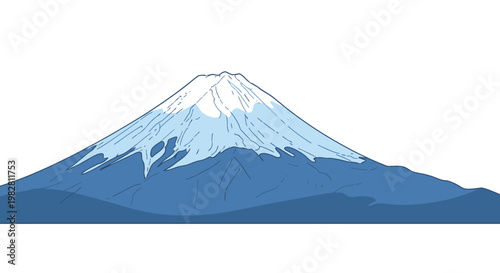 Iconic Mount Fuji, Japan's tallest peak, a snow-capped volcano and a UNESCO World Heritage site, depicted in a minimalist flat design.