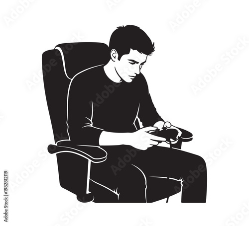 A young man engrossed in a gaming session, holding a controller with intense focus, finding both entertainment and relaxation while comfortably seated in his chair