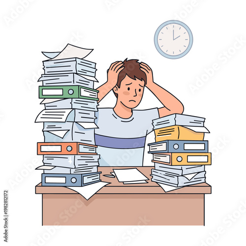 Man stressed at desk with piles of paperwork and binders