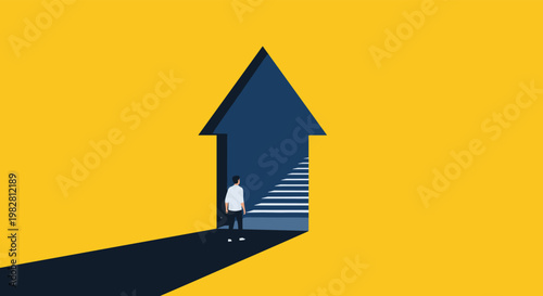 Silhouette of a man walks toward an arrow-shaped entrance containing a staircase that leads upward to success and new opportunity.