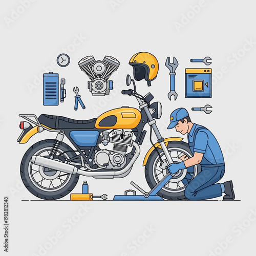 Motorcycle repair: mechanic fixing a vintage yellow bike with tools and engine parts