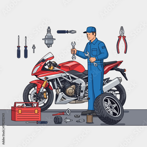 Motorcycle Mechanic Working on Sportbike with Tools and Spare Tire