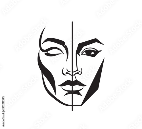 Stylized graphic illustration depicting beauty's duality, showcasing a human face with contrasting natural and bold makeup, symbolizing transformation and self-expression