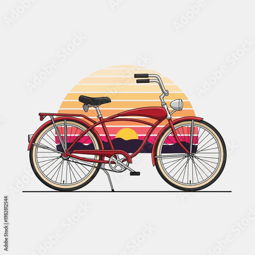 Red vintage cruiser bicycle against a colorful sunset sky with stripes