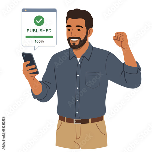 Man celebrates successful publication on phone with excitement and happiness