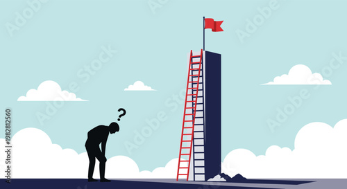 Determined businessman looks up in confusion at a very tall ladder leading to a red flag on top of a high and dark pillar peak.