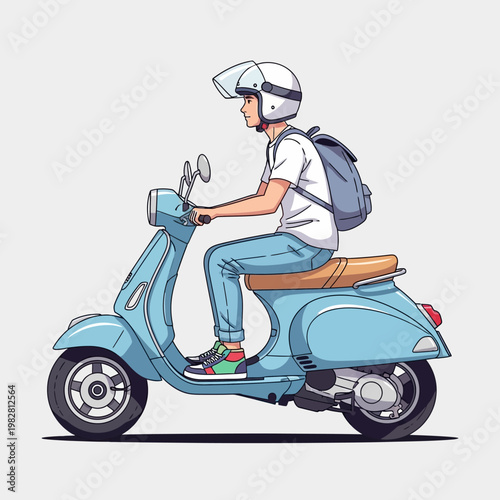 Young man riding a light blue retro scooter with a backpack, wearing a helmet and casual clothes.