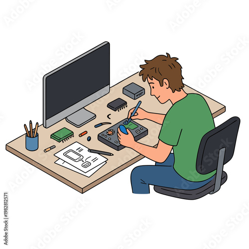 A man works on computer while sitting at a desk with office supplies.