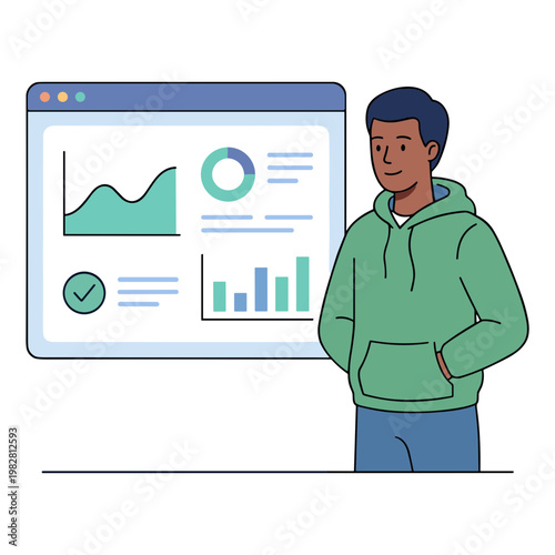 A man in a green hoodie presents data charts and graphs on a large computer screen.