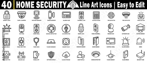 Home security line art icons set includes smart lock surk camera, motion sensor, door sensor, alarm hub, doorbell cam, and more vector illustration.