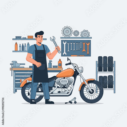 Motorcycle Mechanic Working on Bike in Workshop with Tools and Spare Parts