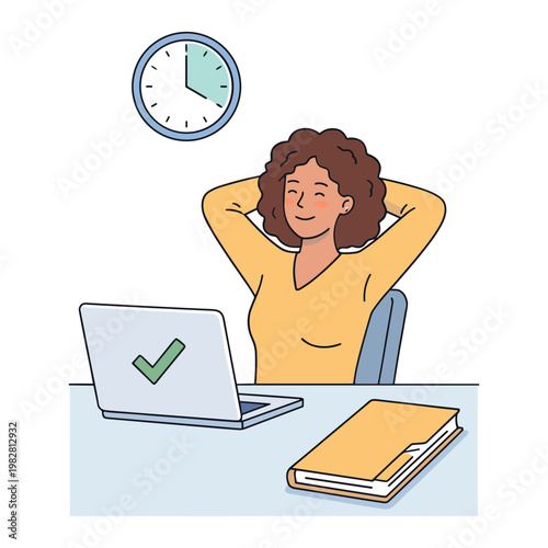 Woman relaxes at desk with laptop and notebook under clock