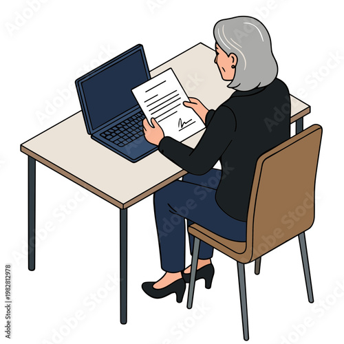 Woman sits at desk with laptop and paperwork in office setting