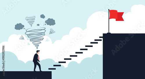 Confused businessman with a swirling tornado of thoughts looks at stairs leading to a high victory flag against a cloudy sky.