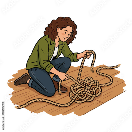 A woman sits on a wooden floor tying a rope carefully indoors.